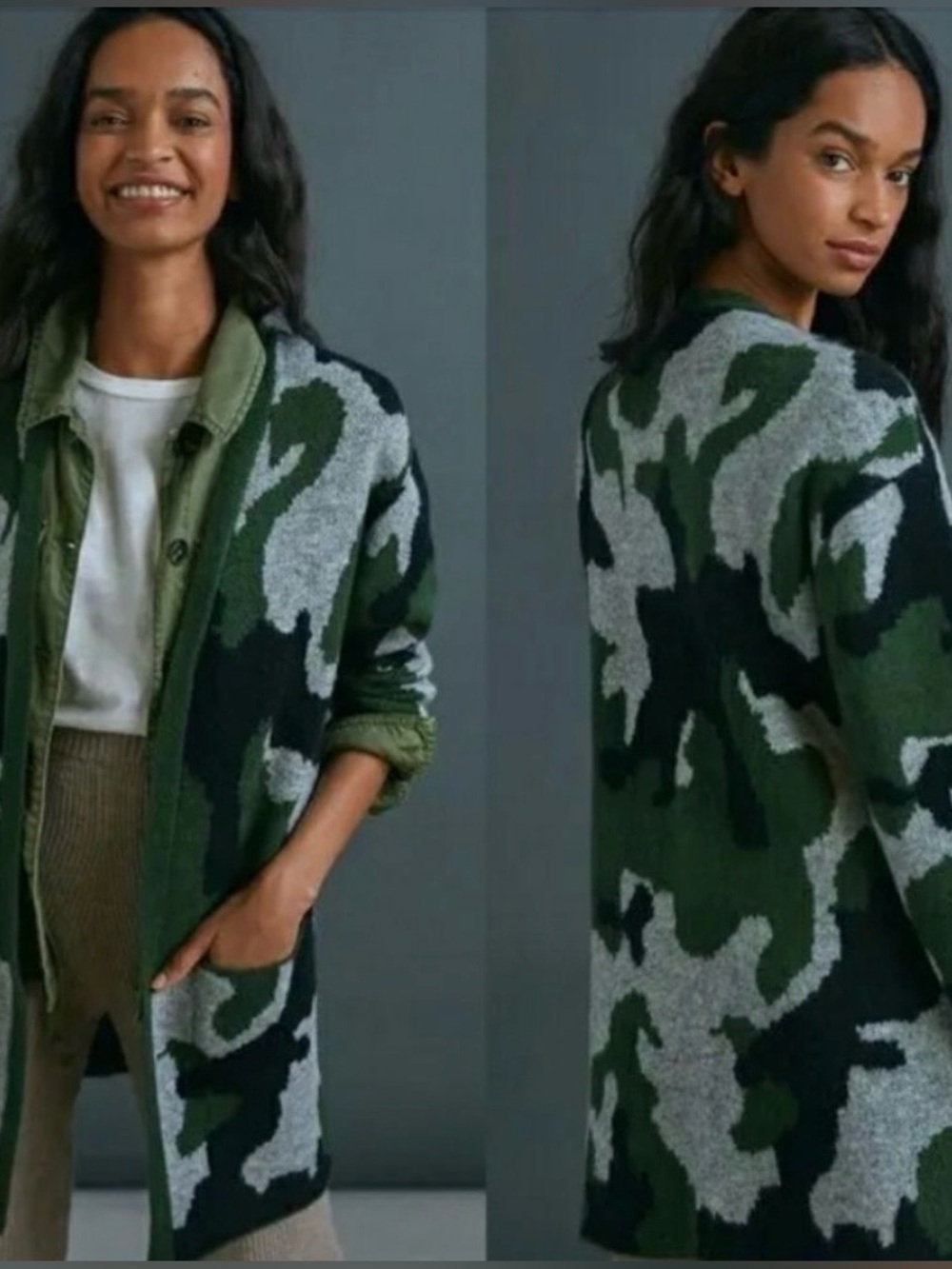 Anthropologie Kennie Camouflage Green Cardigan Oversized Open Front Size S